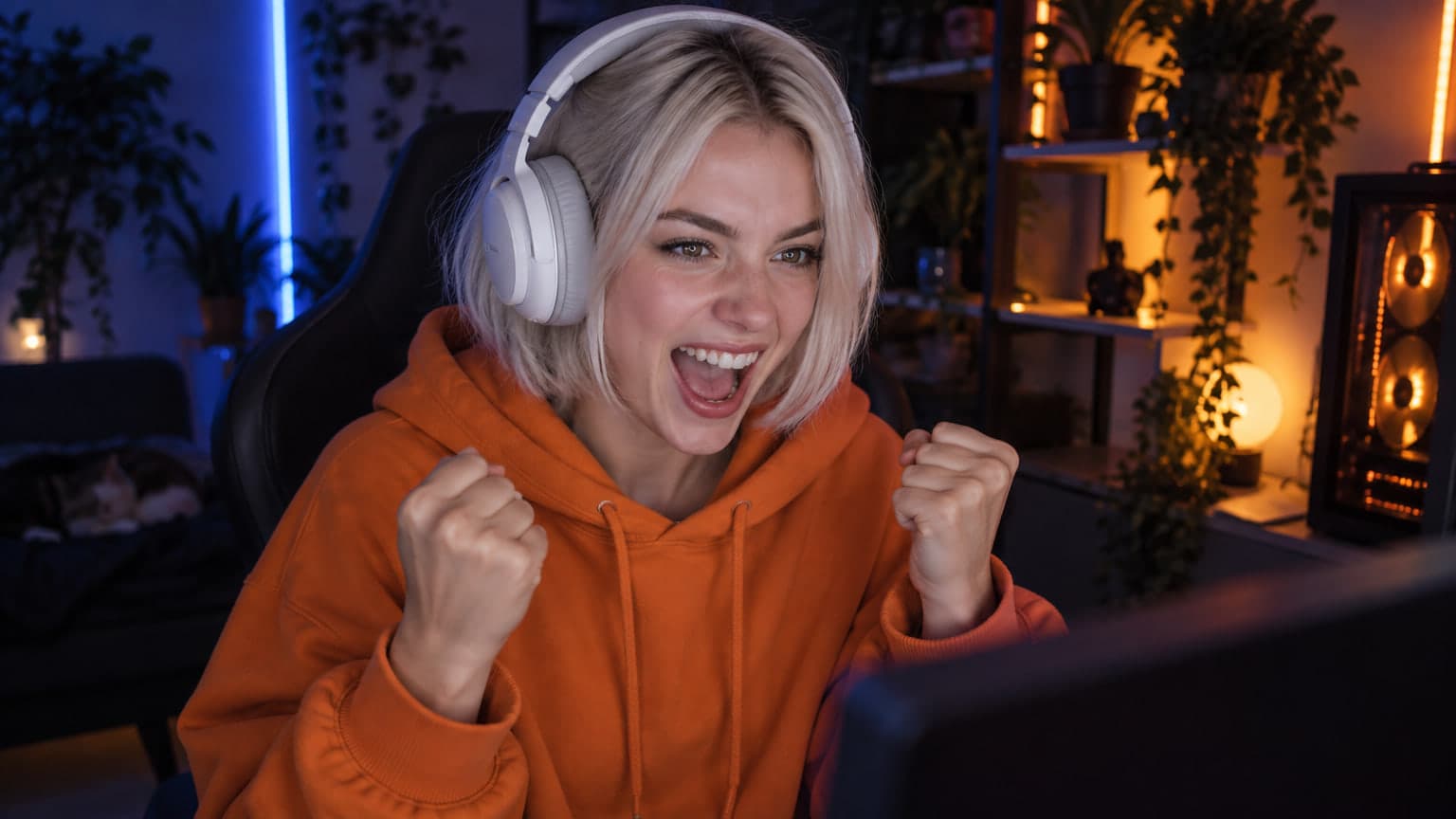 A streamer screaming with joy as her team scores, live